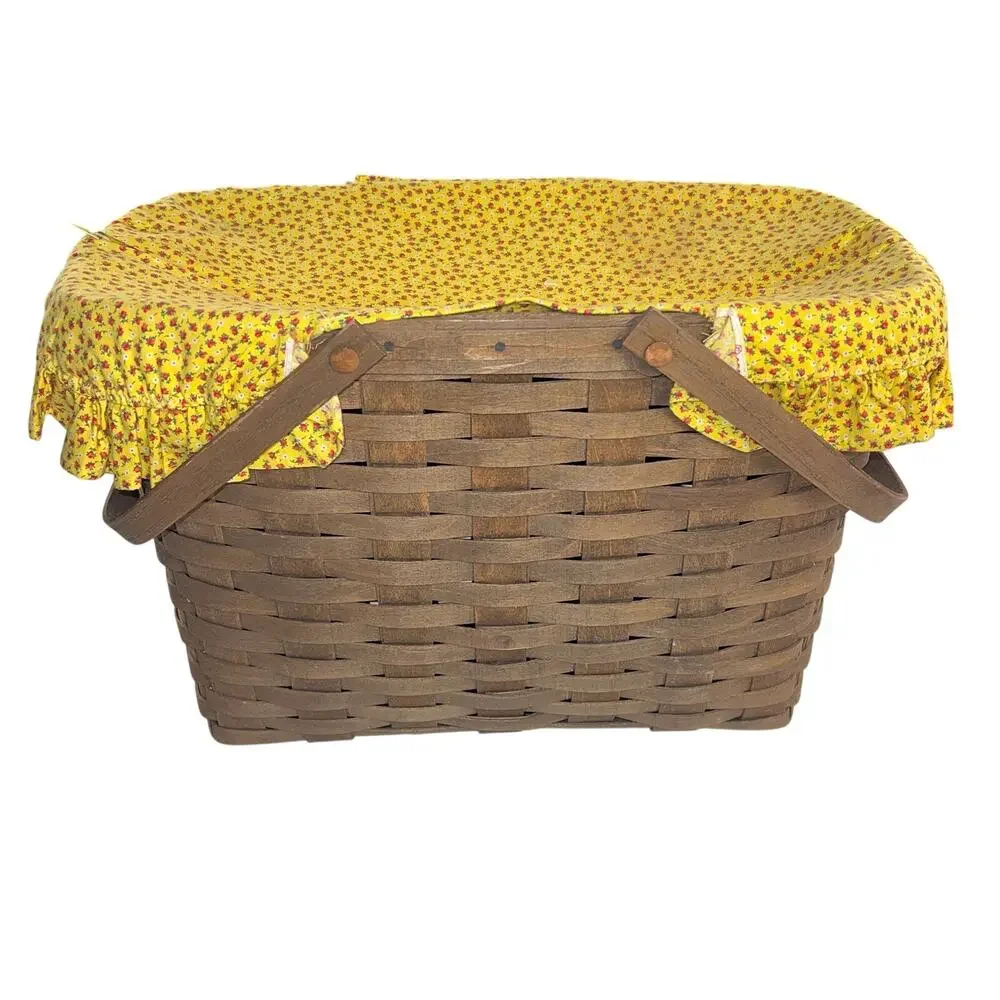 Vintage Woven Wood Picnic Basket Yellow Floral Zip Fabric Cover Cottagecore MCM